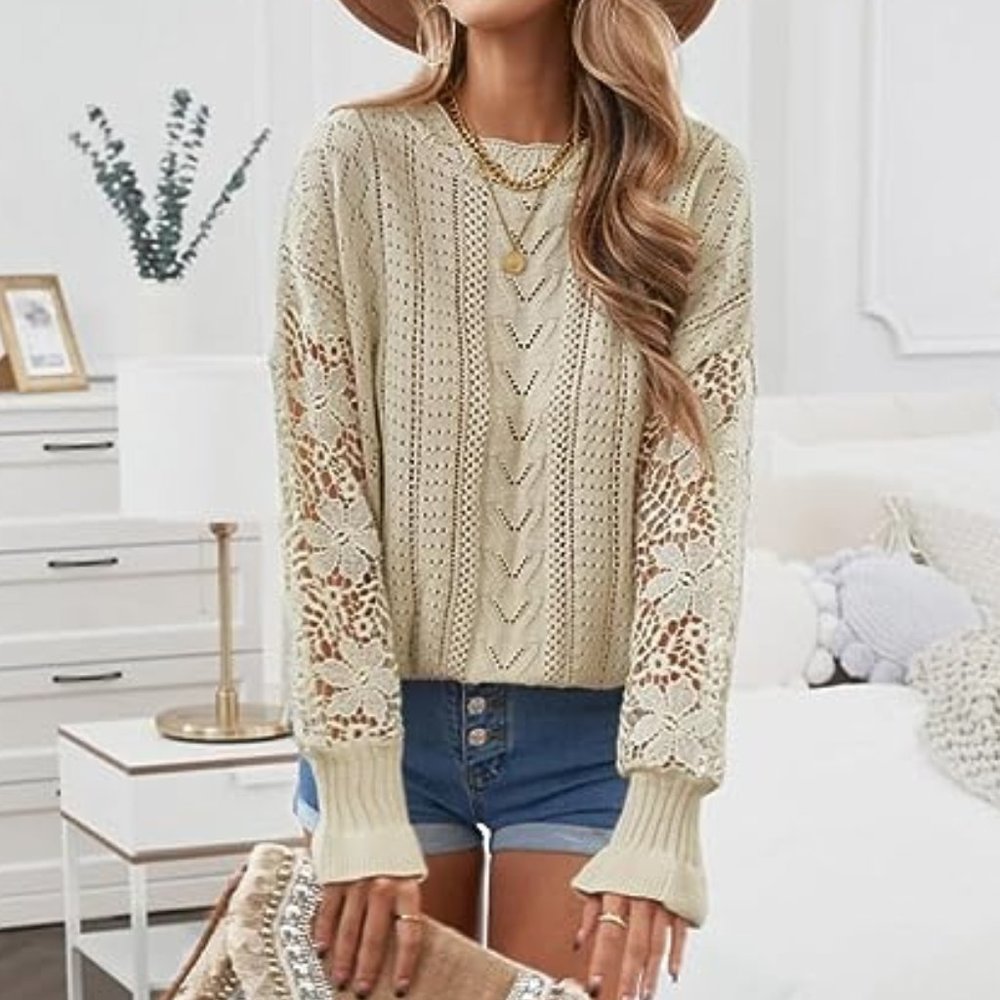 Lace Crochet Sweater Summer Fall Lightweight Crewneck Knit Sweaters Pullover | X